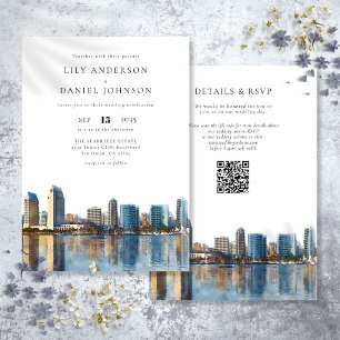 Invitation Mariage code QR aquarelle de la skyline de San Die