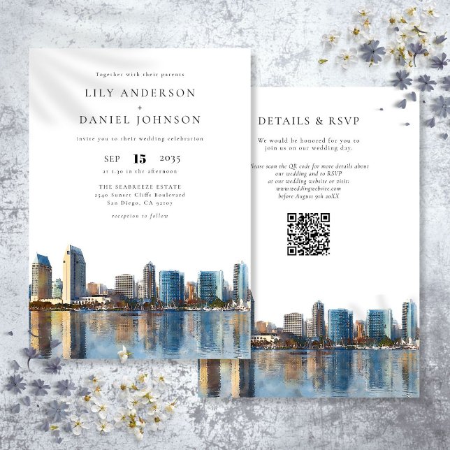 Invitation Mariage code QR aquarelle de la skyline de San Die (San Diego Skyline Watercolor QR Code Wedding Invitation)