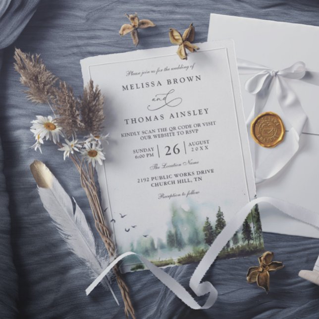Invitation Mariage code QR aquarelle du lac forestier en bois (Créateur téléchargé)