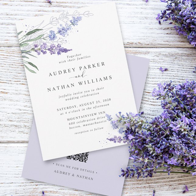 Invitation Mariage code QR aquarelle lavande romantique (Romantic Watercolor Lavender QR Code Wedding Invitation)