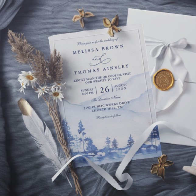 Invitation Mariage Code QR Aquarelle Montagne Bleue Économiqu (Créateur téléchargé)