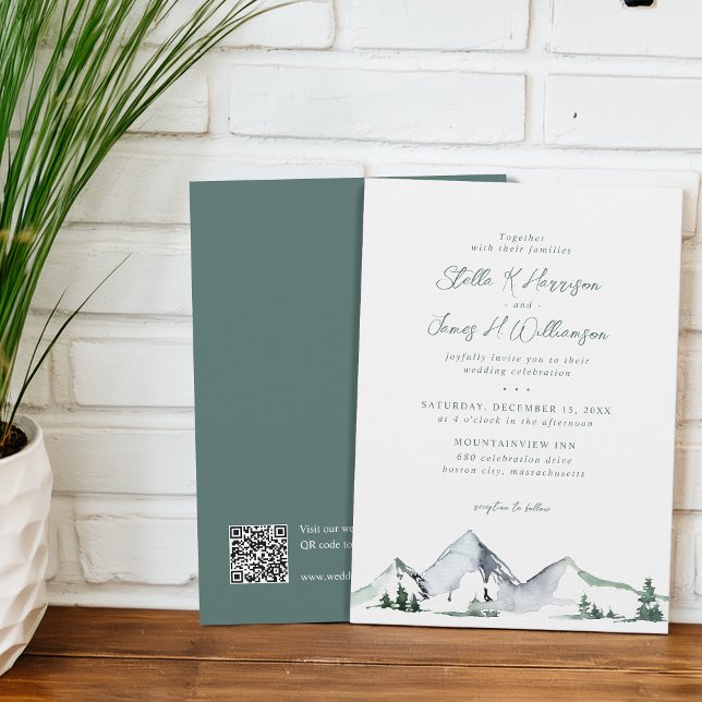 Invitation Mariage Code QR Aquarelle Montagnes Rustiques (Rustic Mountains Watercolor QR Code Wedding Invitation)