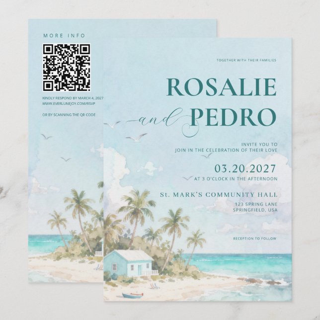 Invitation Mariage Code QR Aquarelle Plage Été Bleu (Devant / Derrière)