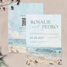 Mariage Code QR Aquarelle Plage Été Ciel Bleu