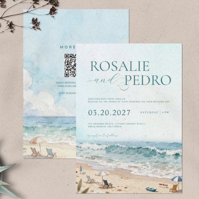 Invitation Mariage Code QR Aquarelle Plage Été Ciel Bleu (Créateur téléchargé)