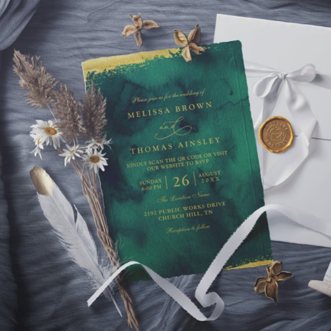 Invitation Mariage Code QR Aquarelle Vert Émeraude Or (Créateur téléchargé)