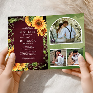 Invitation Mariage Code QR Arch Photo Tournesol Bois Bourgogn