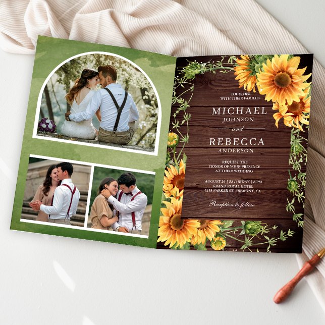Invitation Mariage Code QR Arch Photo Tournesols Bois Rustiqu (Créateur téléchargé)