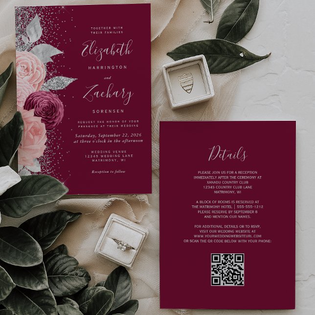 Invitation Mariage Code QR Argent Fleurs Bourguignon Blush (Créateur téléchargé)