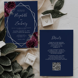 Invitation Mariage Code QR Argent Floral Bordeaux Bleu Marine