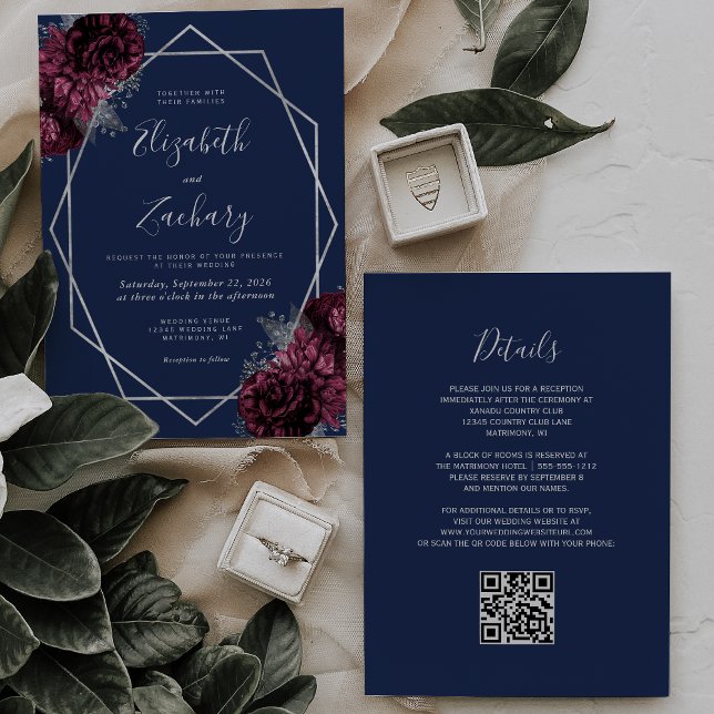 Invitation Mariage Code QR Argent Floral Bordeaux Bleu Marine (Créateur téléchargé)