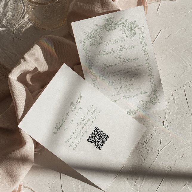 Invitation Mariage Code QR Argent Vieil Argent Vert Sage Vint (Créateur téléchargé)