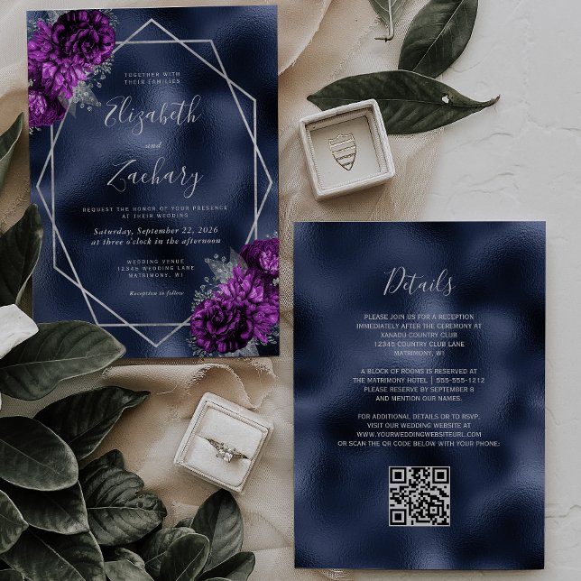 Invitation Mariage Code QR Argent Violet Floral Bleu Marine (Créateur téléchargé)