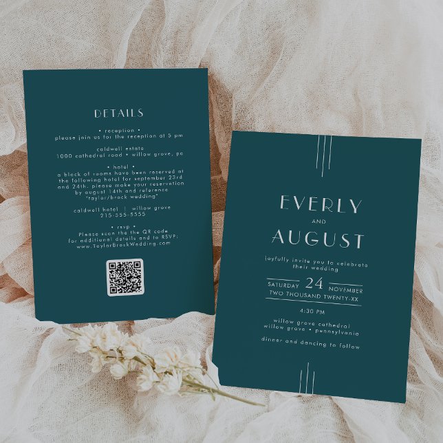Invitation Mariage Code QR Art Déco Rétro Paon Sarcelle EVERL (EVERLY Retro Art Deco Peacock Teal QR Code Wedding Invitation)