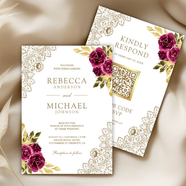 Invitation Mariage Code QR Blanc Dentelle Florale Fuchsia Mag (Créateur téléchargé)