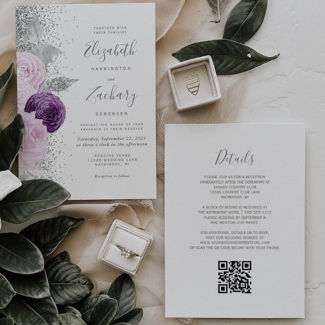 Invitation Mariage Code QR Blanc Paillettes Argent Violet Flo (Créateur téléchargé)