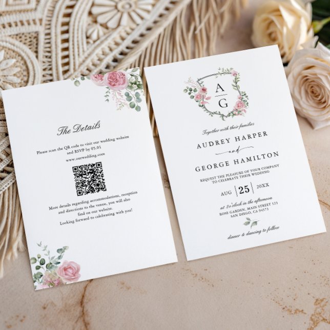 Invitation Mariage Code QR Blason Monogramme Floral Rose Pâle (Créateur téléchargé)