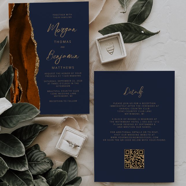 Invitation Mariage Code QR Bleu Marine Agate Orange Brûlé (Créateur téléchargé)