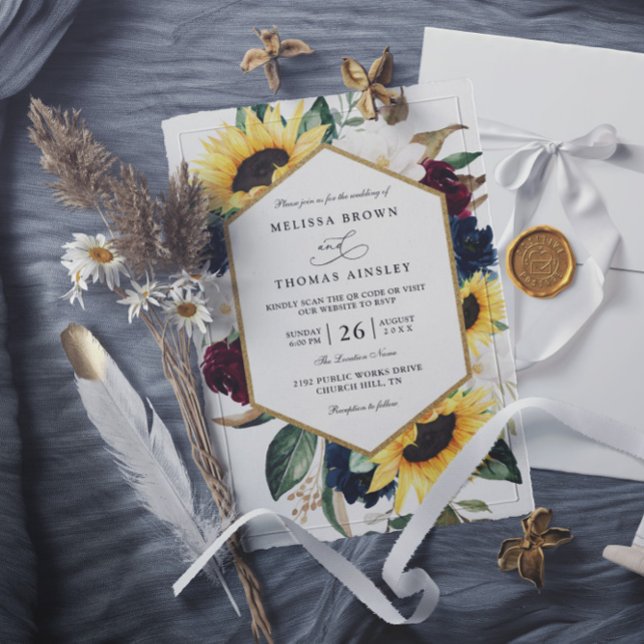 Invitation Mariage Code QR Bleu Marine Bourgogne Tournesol (Créateur téléchargé)