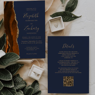 Invitation Mariage Code QR Bleu Marine Or Agate Orange Brûlée