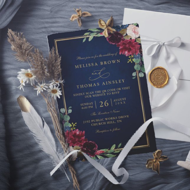 Invitation Mariage Code QR Bleu Marine Or Floral Bourgogne (Créateur téléchargé)