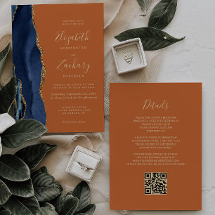Invitation Mariage Code QR Bleu Nuit Agate Or Brûlé Orange