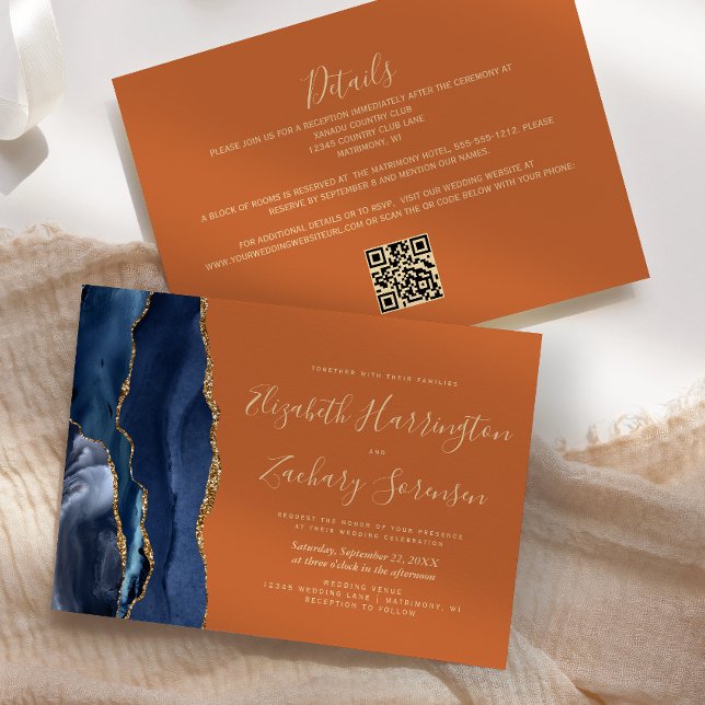 Invitation Mariage Code QR Bleu Nuit Agate Or Brûlé Orange (Créateur téléchargé)