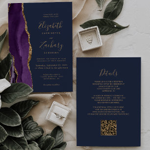 Invitation Mariage Code QR Bleu Nuit Agate Or Violet
