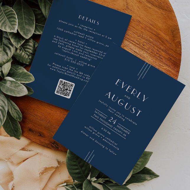 Invitation Mariage Code QR Bleu Nuit Art Déco Classique EVERL (EVERLY Classic Art Deco Navy Blue QR Code Wedding Invitation)