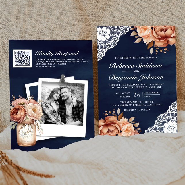 Invitation Mariage Code QR Bleu Nuit Broderie Florale en Terr (Créateur téléchargé)