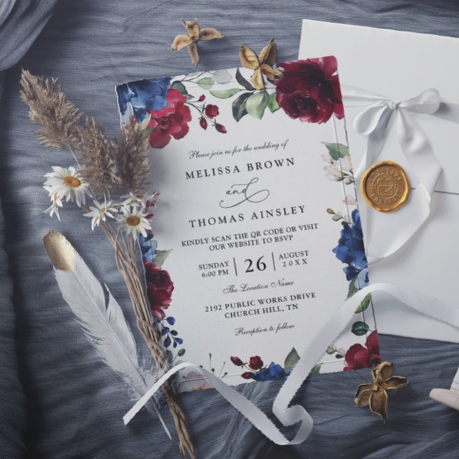 Invitation Mariage Code QR Bleu Nuit et Burgundy Blush  (Créateur téléchargé)