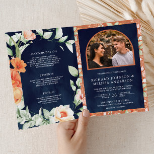 Invitation Mariage Code QR Bleu Nuit Floral Bohème Terreux