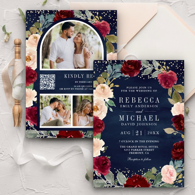 Invitation Mariage Code QR Bleu Nuit Floral Pêche Bourgogne (Créateur téléchargé)