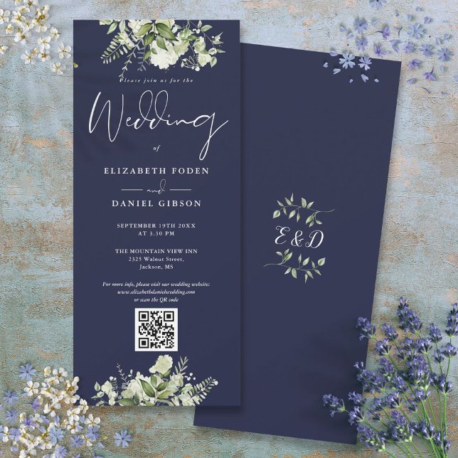 Invitation Mariage Code QR Bleu Nuit Floral Verdure (Greenery Floral Navy Blue QR Code Wedding Invitation)