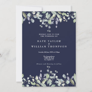 Invitation Mariage Code QR Bleu Nuit Floral Vert Lilas