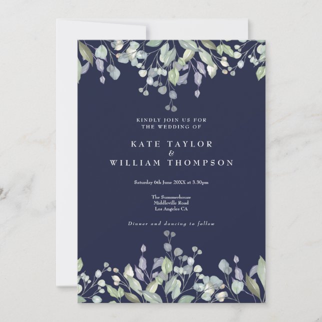 Invitation Mariage Code QR Bleu Nuit Floral Vert Lilas (Devant)