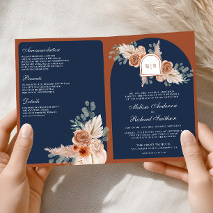 Invitation Mariage Code QR Bleu Nuit Pampas Floral Terracotta