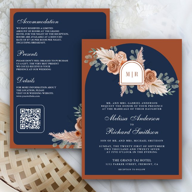 Invitation Mariage Code QR Bleu Nuit Pampas Floral Terracotta (Créateur téléchargé)