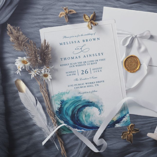 Invitation Mariage Code QR Bleu Nuit Vague Océan Aquarelle (Créateur téléchargé)