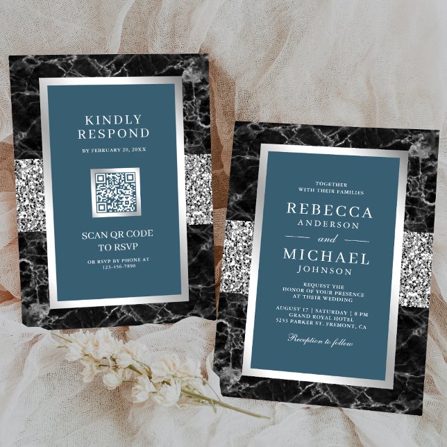 Invitation Mariage Code QR Bleu Poussiéreux Argent Marble Noi (Créateur téléchargé)
