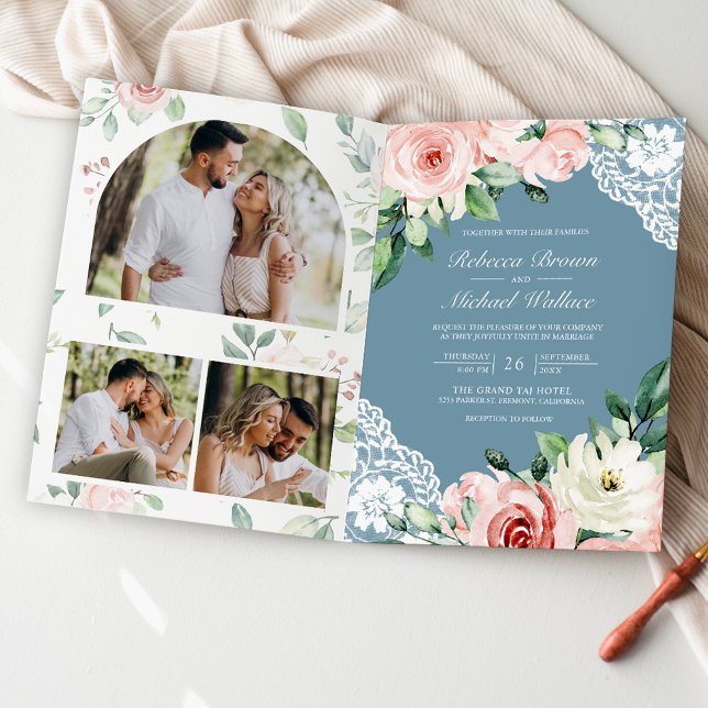 Invitation Mariage Code QR Bleu Poussiéreux en Dentelle Flora (Créateur téléchargé)