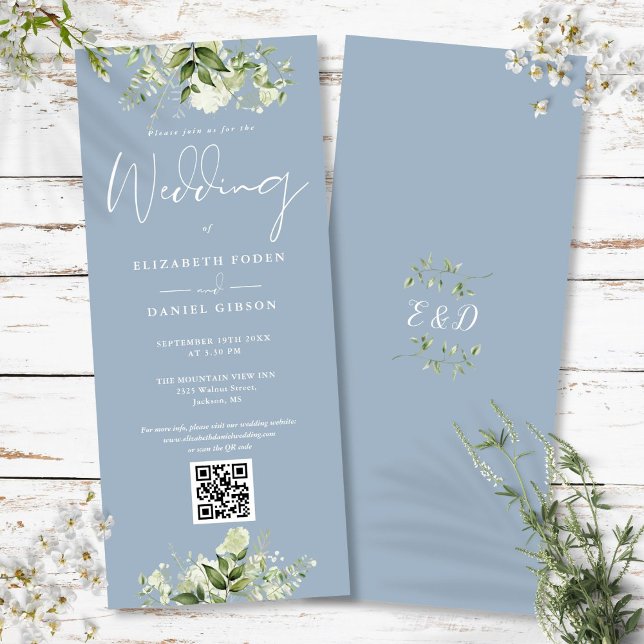 Invitation Mariage Code QR Bleu Poussiéreux Fleurs Vertes (Greenery Floral Dusty Blue QR Code Wedding Invitation)