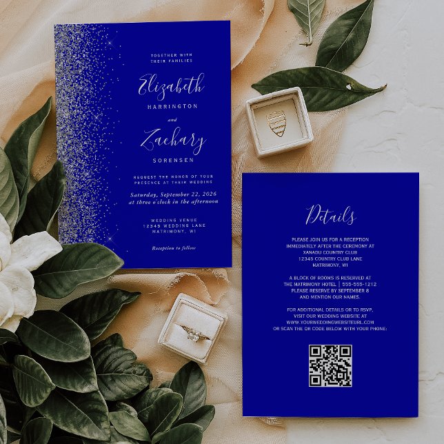 Invitation Mariage Code QR Bleu Royal Paillettes Argentées Mo (Créateur téléchargé)