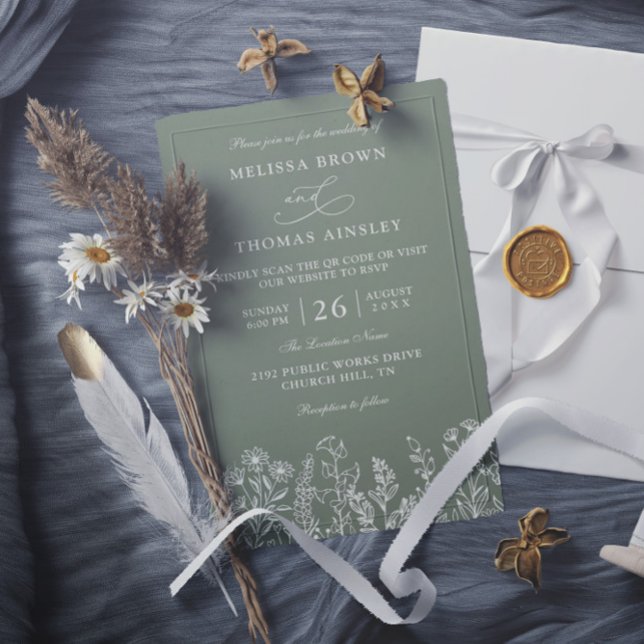 Invitation Mariage Code QR Bohème Fleur Sauvage Vert Sauge à  (Créateur téléchargé)