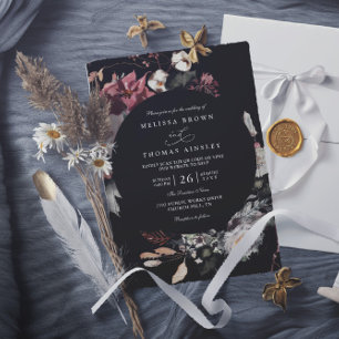 Invitation Mariage code QR Bohème fleurs rustiques bordeaux s