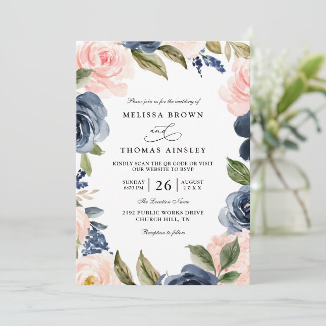 Invitation Mariage Code QR Bohème Rose Rose Pâle Bleu Nuit (Debout devant)