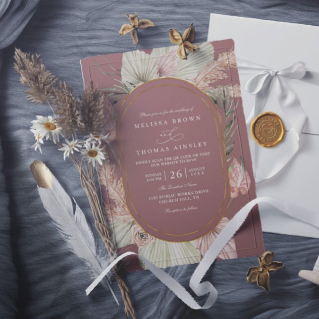 Invitation Mariage code QR Boho Botanique Rose Poussiéreuse (Créateur téléchargé)