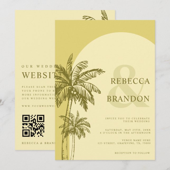 Invitation Mariage Code QR Boho Plage Palmier Jaune (Devant / Derrière)