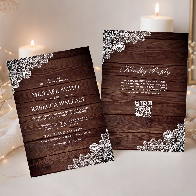 Invitation Mariage Code QR Bois de Grange Rustique Dentelle (Créateur téléchargé)