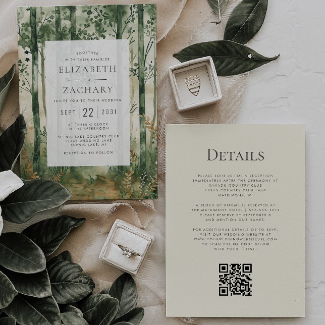 Invitation Mariage Code QR Bois Doré Vert Rustique (Créateur téléchargé)